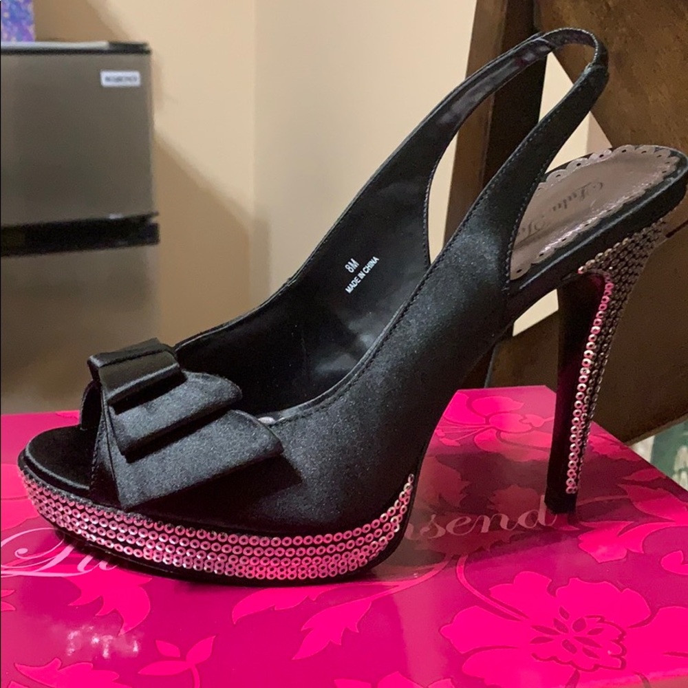 Black open toe sling back heels